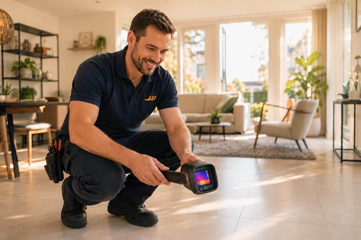 Installateur controleert een tegelvloer met een warmtebeeldcamera