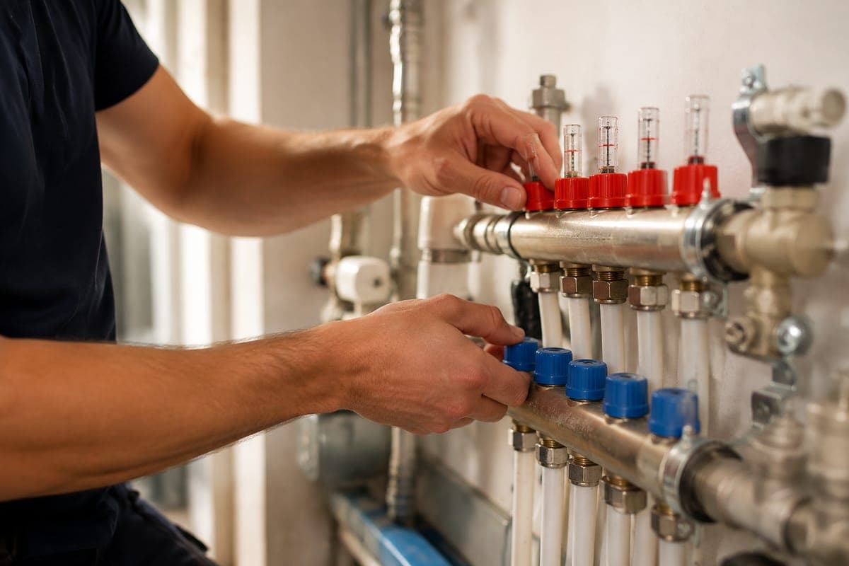 Installateur stelt de flowmeters van een vloerverwarmingsverdeler af